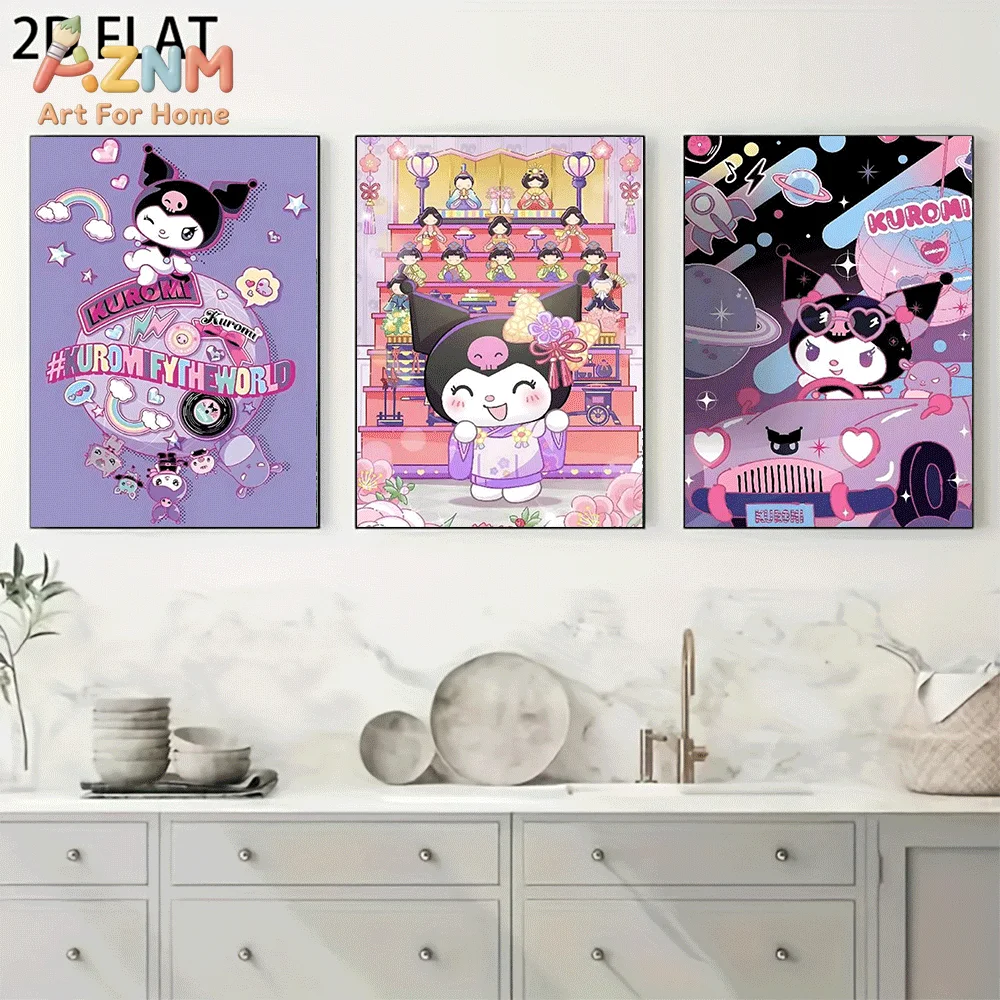AZNM Sanrio Kuromi Canvas Wall Art Unframed Cute Cartoon Rainbow Theater Space Car Theme Character Print Painting Girls Bedroom