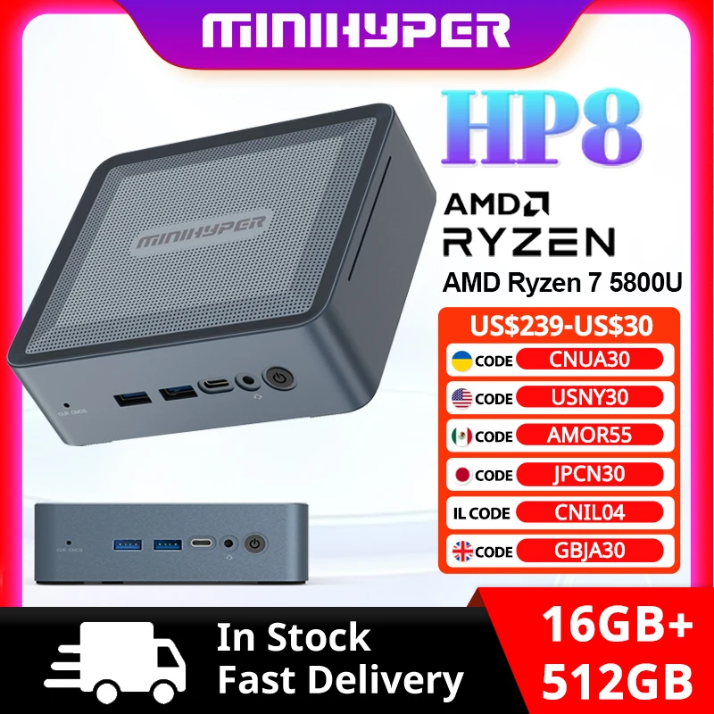 MiniHyper HP8 Mini PC AMDRyzen 7 5800U CPU Windows 11 4K HD output 16GB DDR4 Storage SSD 512GB  Portable PC Office Mini Host