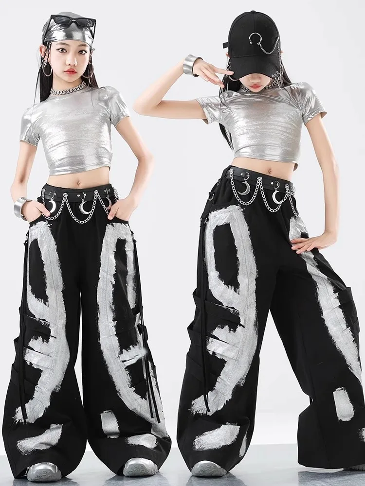 Hip Hop Mädchen Silber Kurzen Ärmeln Weste Lose Graffiti Hosen K-pop Kostüm Kind Streetwear Kinder Jazz Street Dance Kleidung set