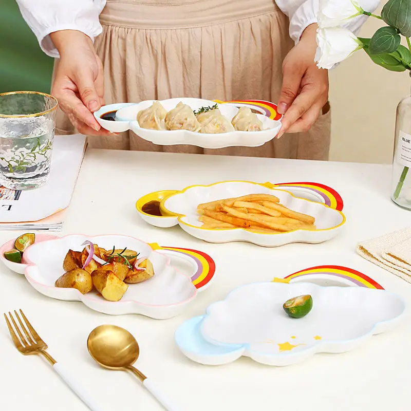 Set di piatti in ceramica con nuvole arcobaleno carino da 9 pollici piatto da pranzo per bambini torta pane ciotola per Pasta stoviglie forno adatto