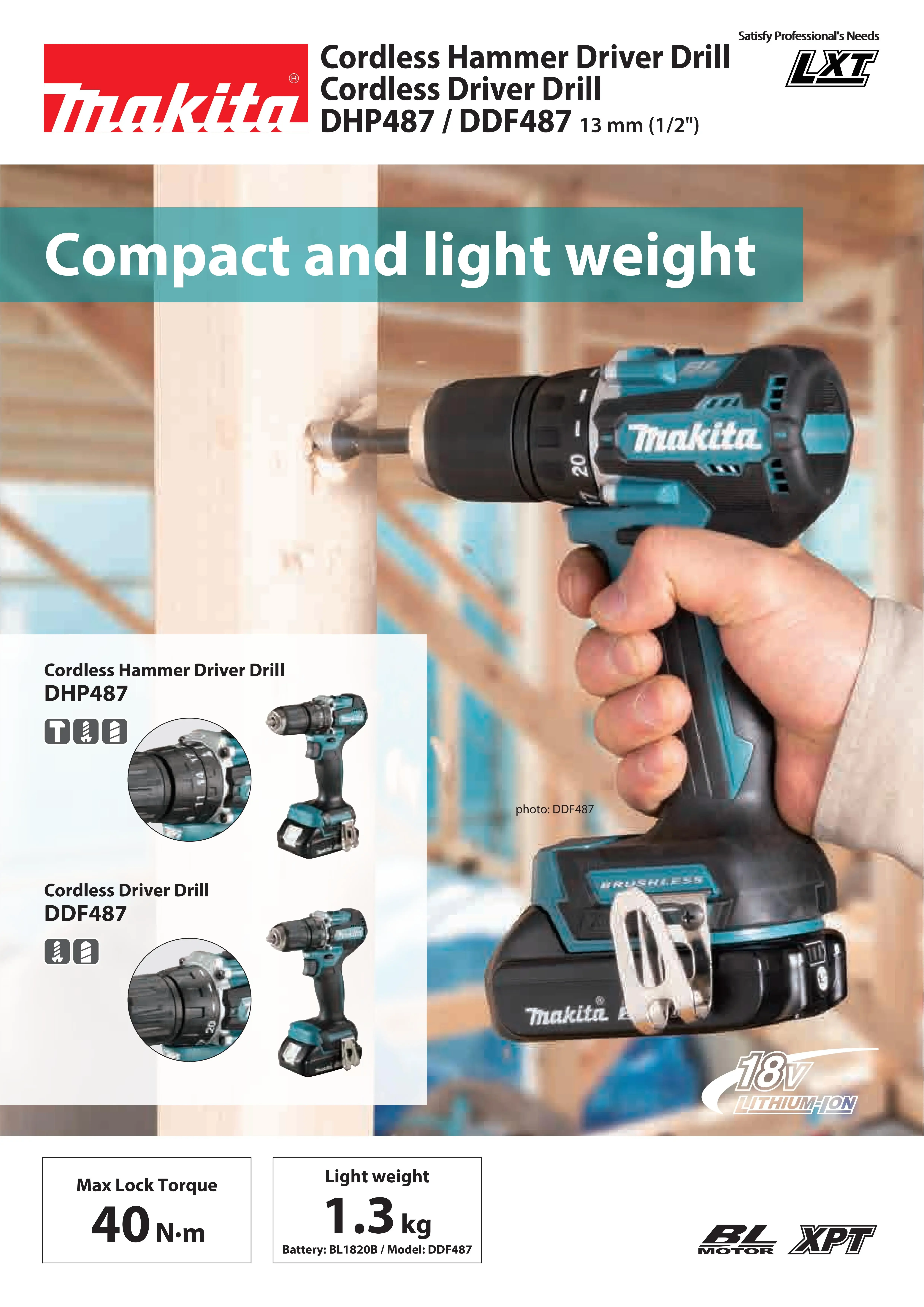 Makita DDF487Z DHP487Z LXT Brushless Cordless 13MM Drill Driver 18V Lithium Power Tools 1700RPM 40NM