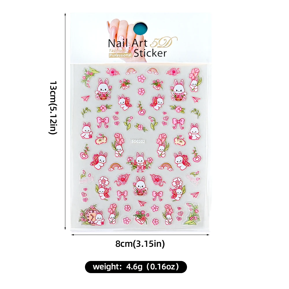 5D Rabbit Bowknot Rainbow Nail Art Stickers Kawaii Pink Cartoon Bunny Heart Flower Grass Embossed Nail Decals Manicure Sliders##