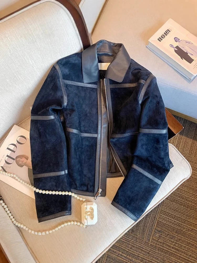 

Faionable Высококачественное синее замшевое пальто в стиле пэчворк, женское крутое милое пальто с отложным воротником, свободный крой, длинная молния све