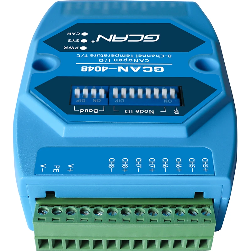 The GCAN-4048 module is an analog acquisition module that integrates 1 standard CANopen interface and 8 thermocouple inputs.