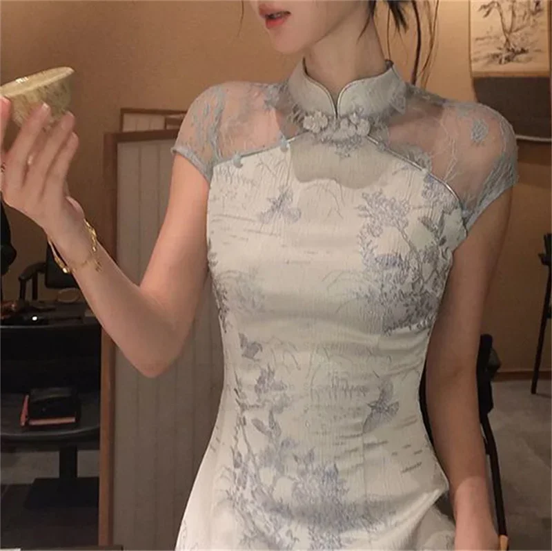 

Sexy Lace Patchwork Qipao Dresses Elegant Spring Women's Cheongsam Young Fashion Vestidos Blue Plate Buckle Chinese Style Dress