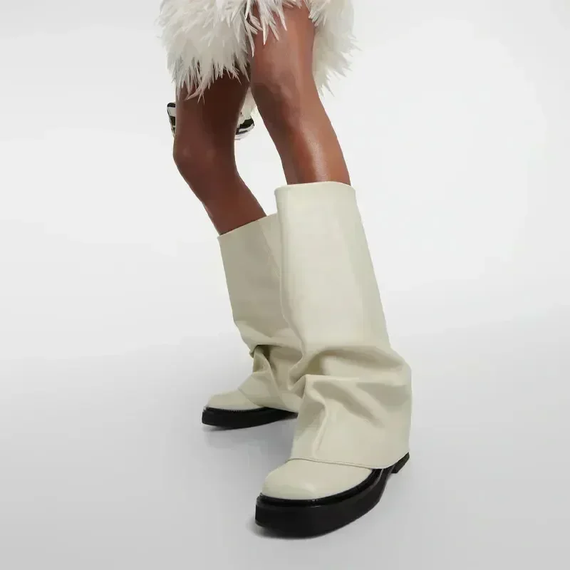 جديد كبير جدار شقة القاع جولة تو كم الركبة عالية مطوي الأحذية النسائية الرجعية فارس الأحذية أحذية للنساء