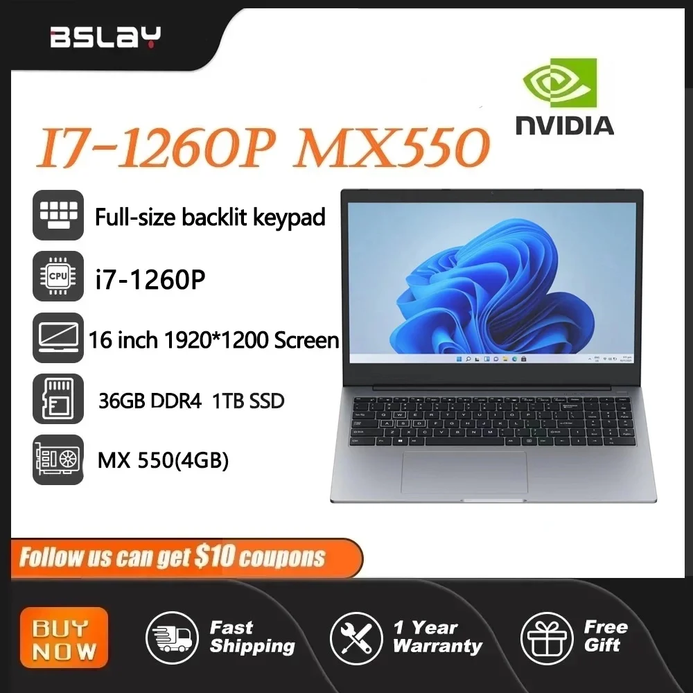 

Laptop 16 Inch Intel Core I7-1260P NVIDIA MX550 4G 12 Cores 16 Threads 36GB DDR4 1TB SSD Window 11 Portables Gaming Netbook