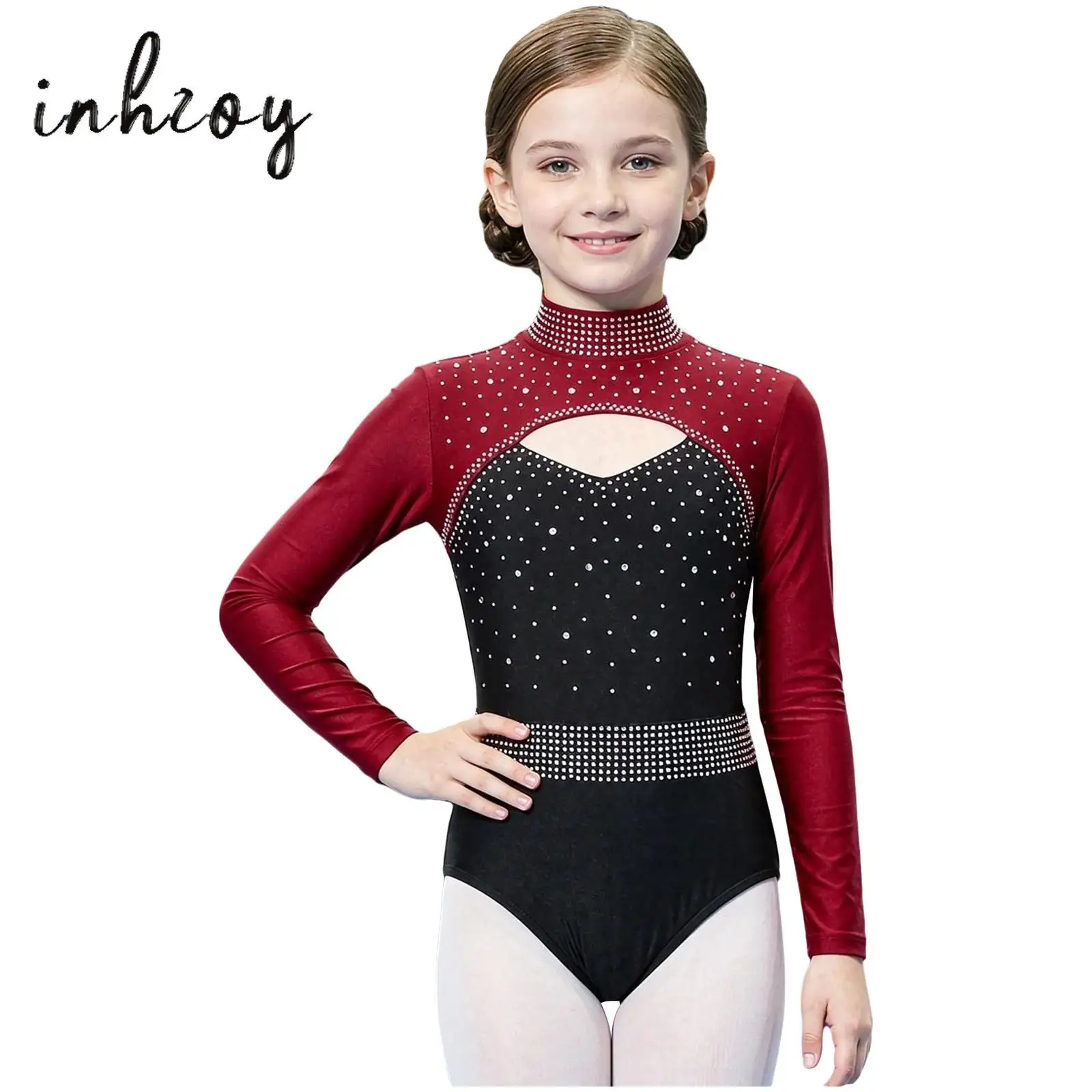 Kids Girls Rhinestoned Acrobatics Gymnastics Leotard Mock Neck Long Sleeve Keyhole Front Color-blocked Ballet Dance Bodysuit