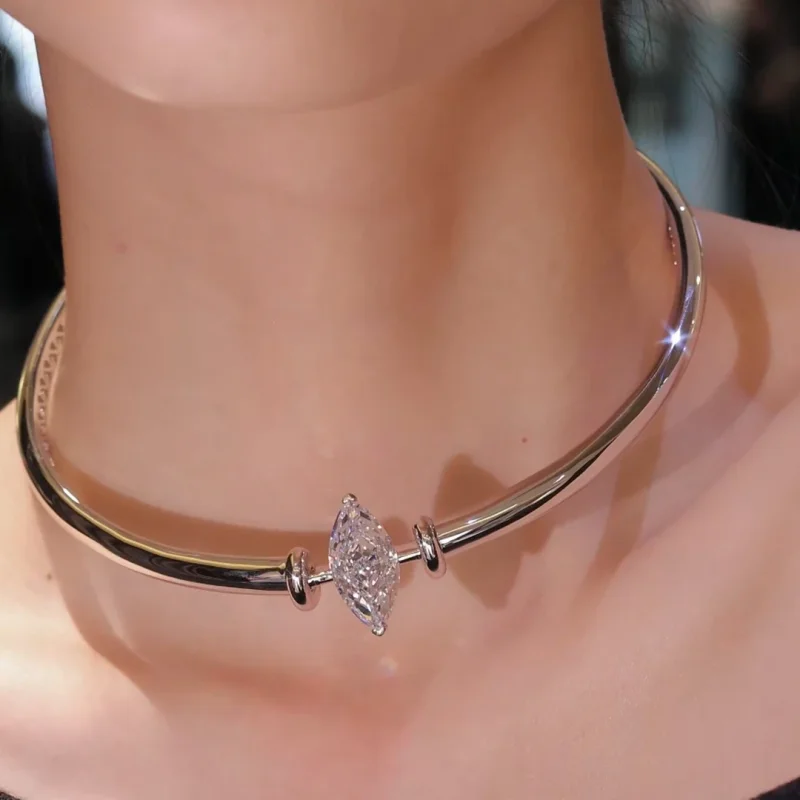 Bellux Choker Necklace 925 Silver White Gold Plated Marquise Cut Gemstone Clear Synthetic Zircon Fashion Charm Elegant Necklace