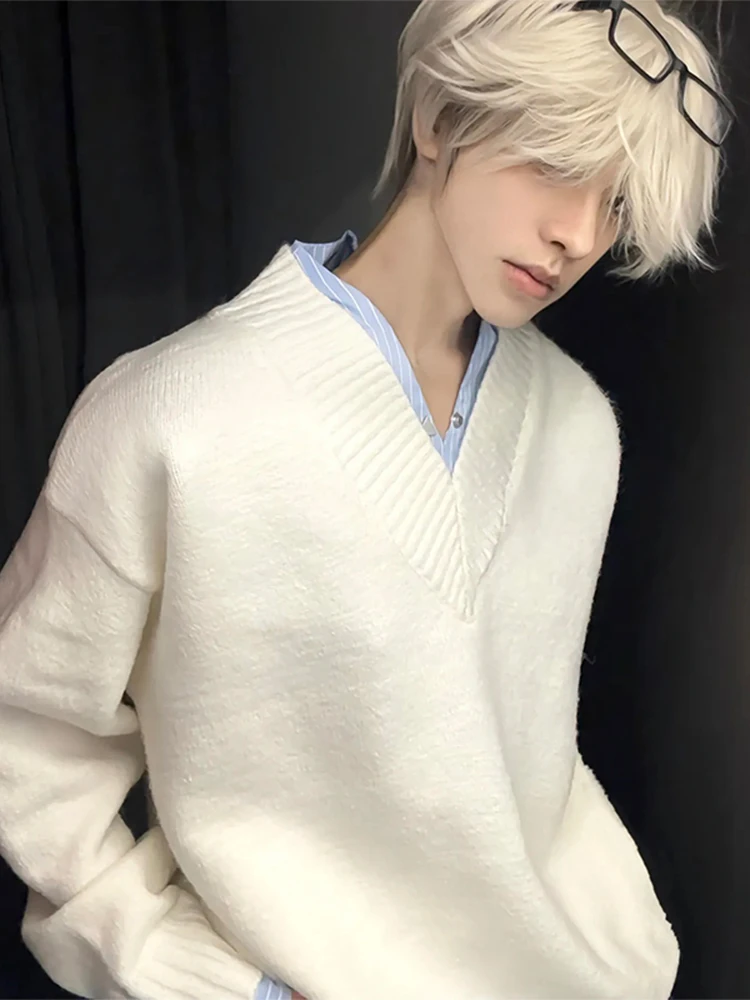 

Мужской трикотажный свитер с V-образным вырезом, средней плотности, с длинным рукавом, в стиле пэчворк, повседневный зимний модный топ