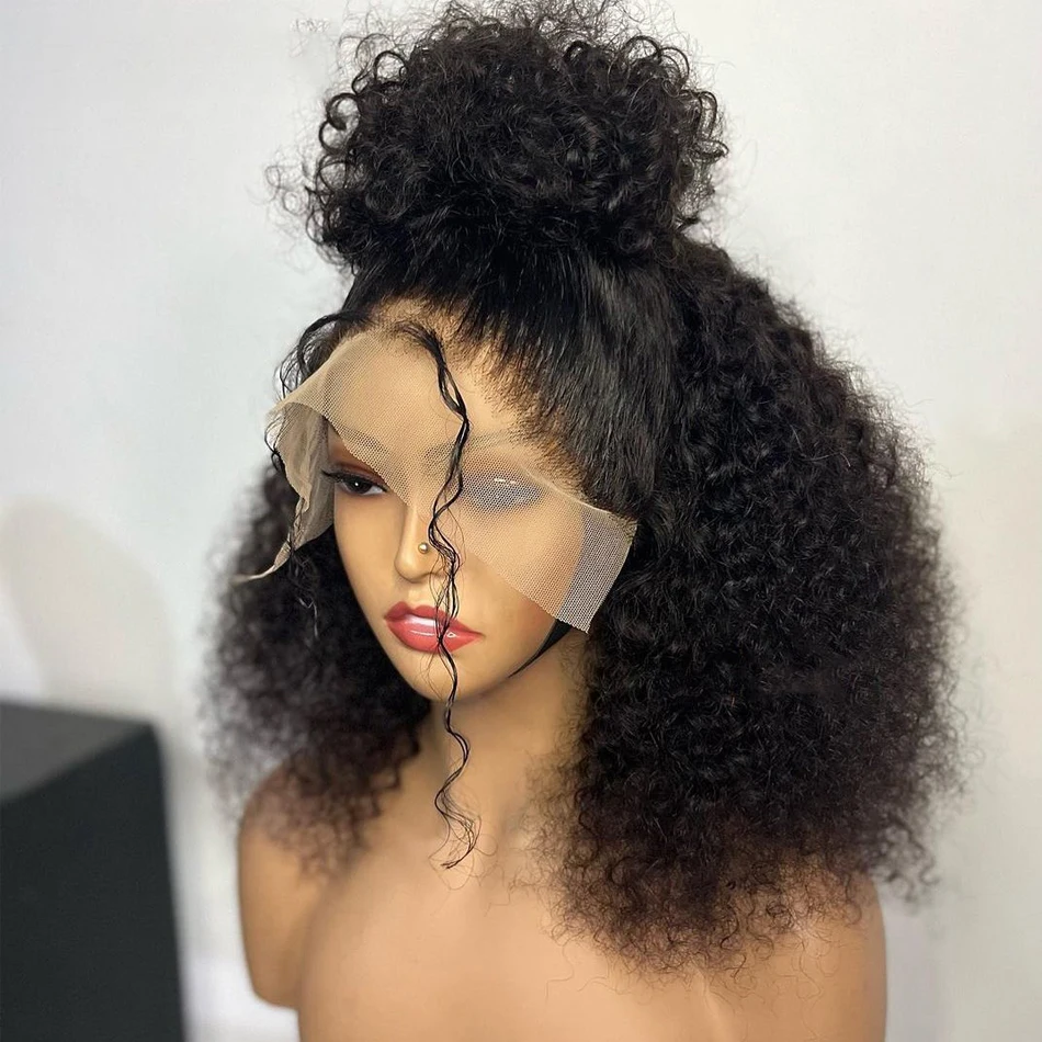 Peluca rizada larga y suave para mujer, pelo de bebé de 26 pulgadas, color negro Natural, 180de densidad, frontal de encaje, predesplumada, fibra resistente al calor, sin pegamento