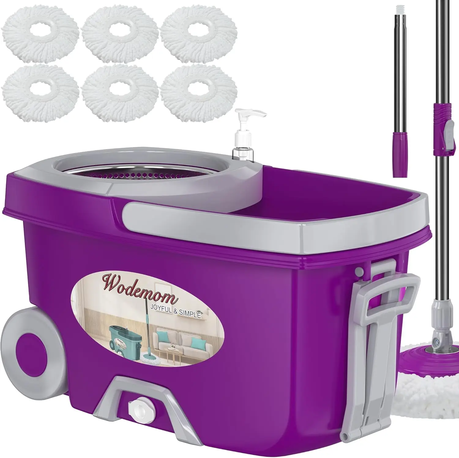 

Spin Mop and Bucket with Wringer, 360° Rotating, 61" Handle, 6 Mop Heads, Wheels