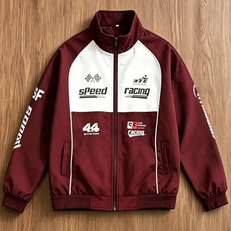 Lightweight Racing Motorcycle Jackets Men Zip Up Stand Collar Letter Print Varsity Jackets Man Spring Autumn Streetwear Coats
