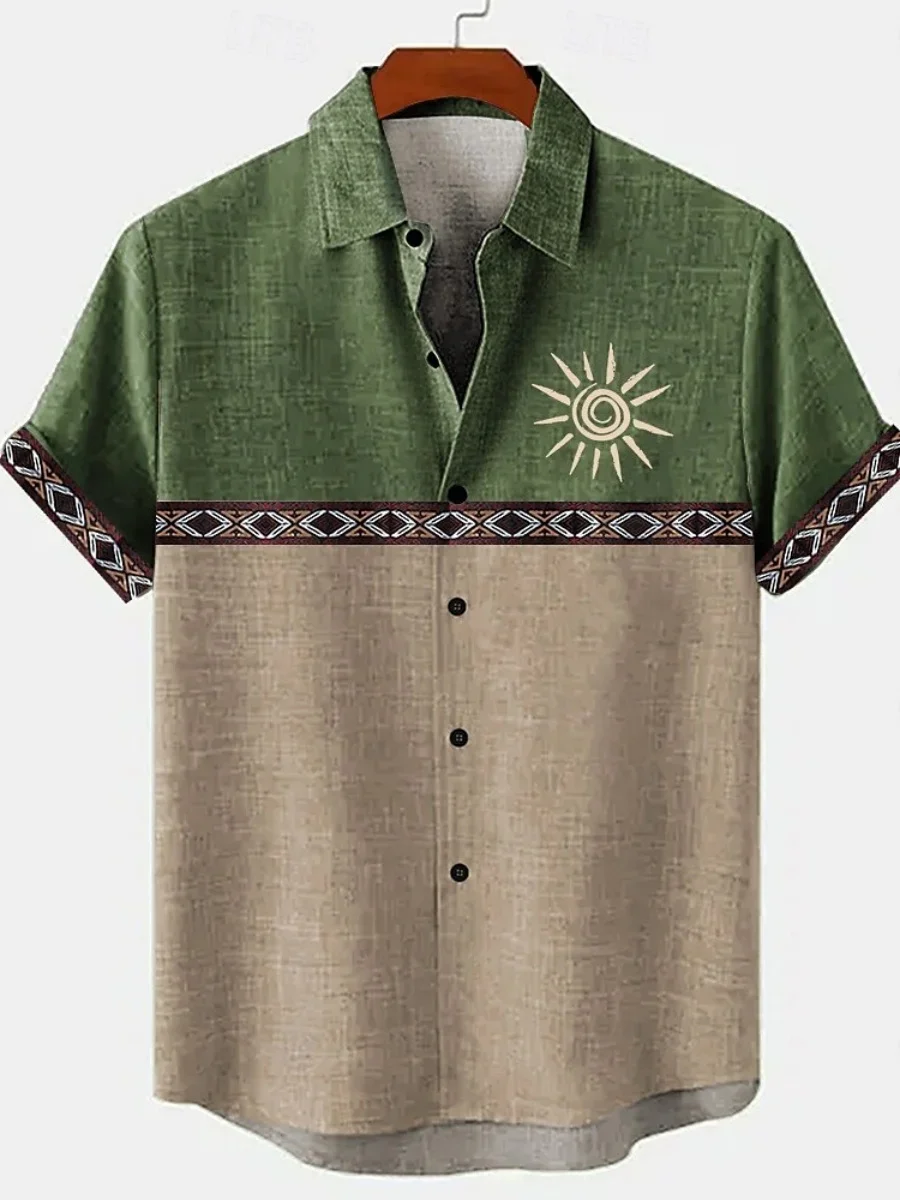 New Men's Ethnic Style Retro Fashion Art Print Linen Shirt, Summer Street Hawaiian Style Shirt Men's Daily Top