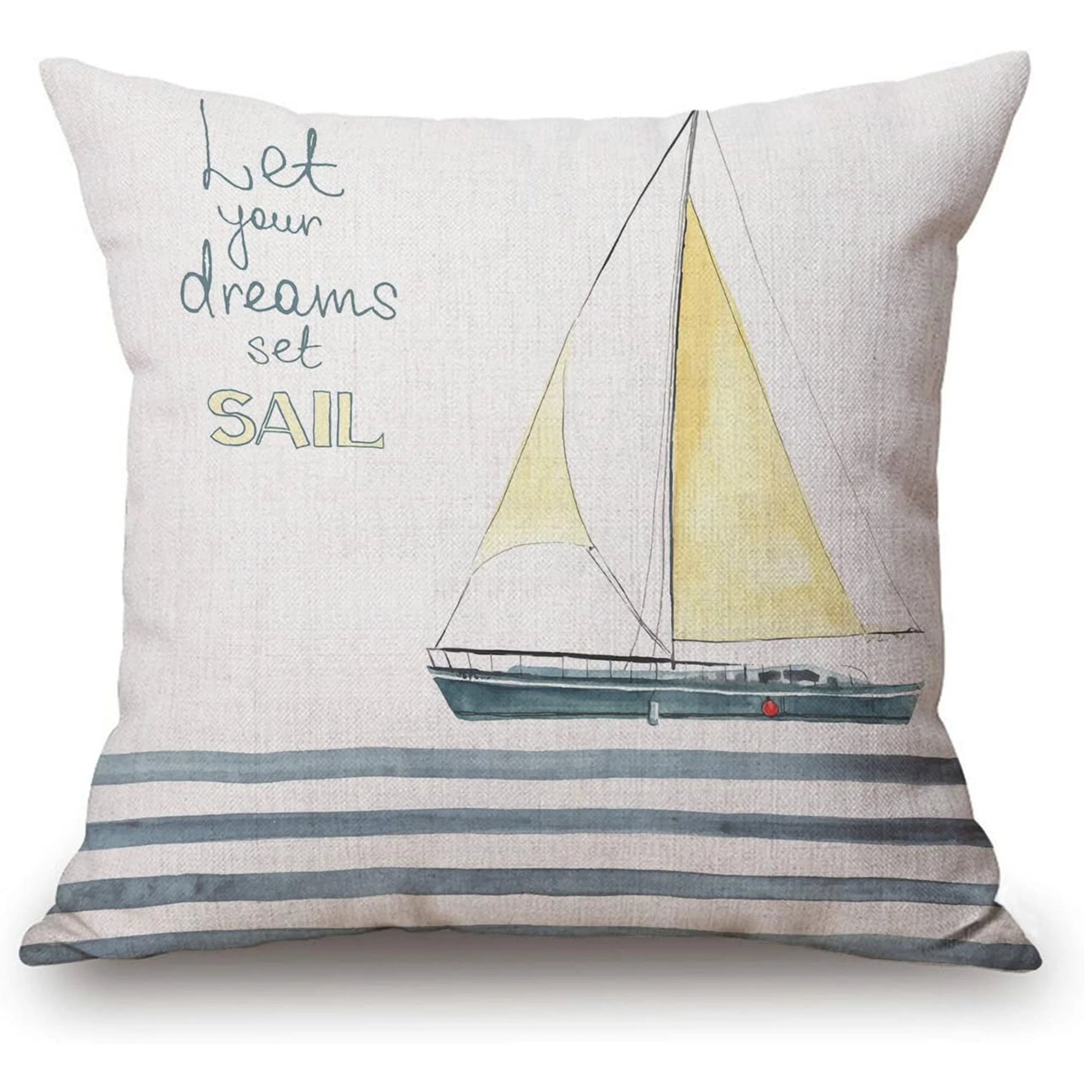 Nautical-Inspired Linen Pillow Cover - 'Let Your Dreams Sail' Motivational Quote Soft Square Cushion Case For Sofa & Bedroom Dec