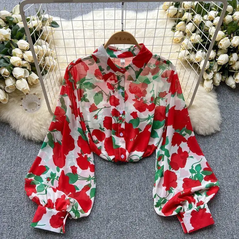 

New Spring and Summer French Retro Long-sleeved Top Fashionable Loose Slim Polo Neck Floral Thin Shirt for Women