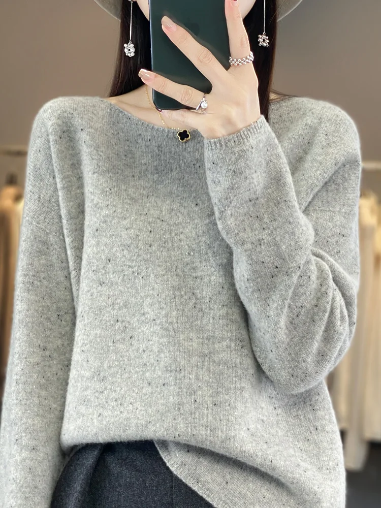 Loose Women Wool Sweater O-Neck Dot Style Pullover 100% Merino Wool Knitwear Autumn Winter Long Sleeve Casual Grace Clothes Tops