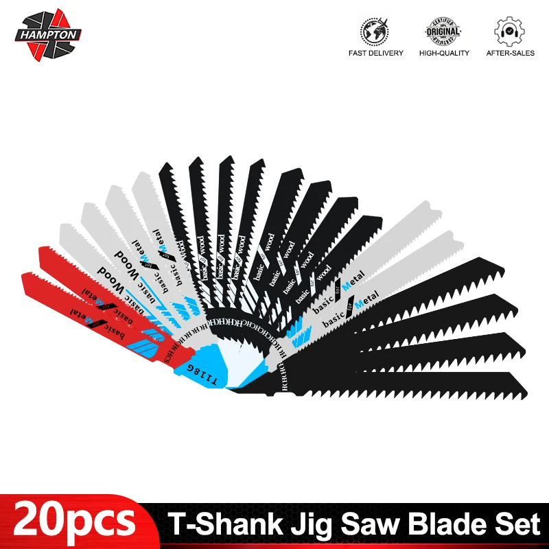 HAMPTON Jig saw Blades 20pcs T111C T218A T114D T119B T-Shank HCS Blades for Wood/Metal Cutting Tools