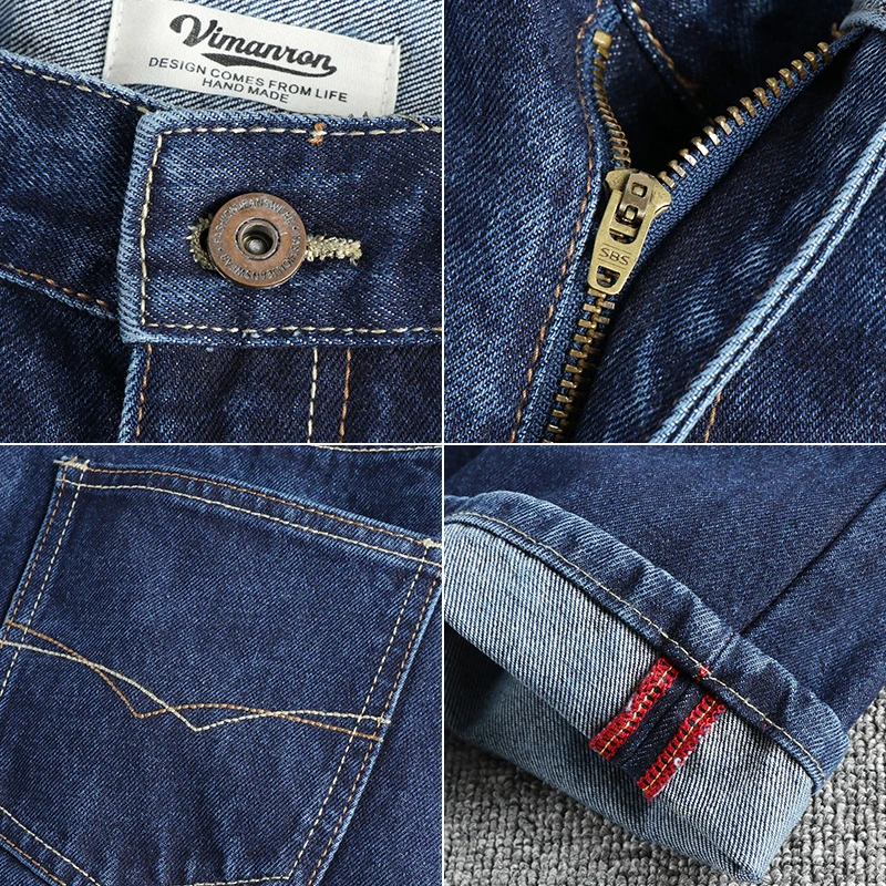 100% cotton primary blue American retro trend jeans men comfortable fit straight tube contrast color bright line craft casual pa