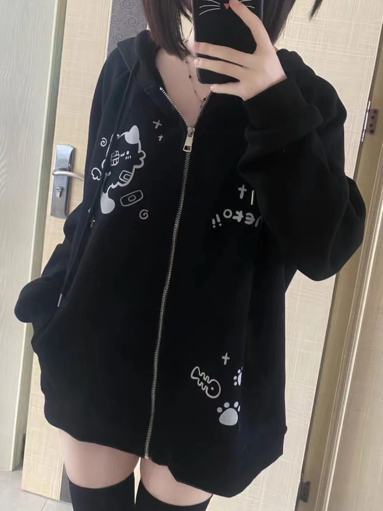 Japanese Casual Hoodies Women Kawaii Drawstring Sweatshirt Grunge Clothes Girl Y2k Aesthetic Cartoon Print Harajuku Streetwear