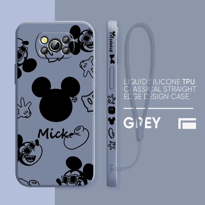 Disney Mickey Minnie Logo For Xiaomi Poco Cover For X4 X3 F4 NFC M6 M5 M4 M3 GT S Pro 4G 5G Liquid Left Rope Phone Case