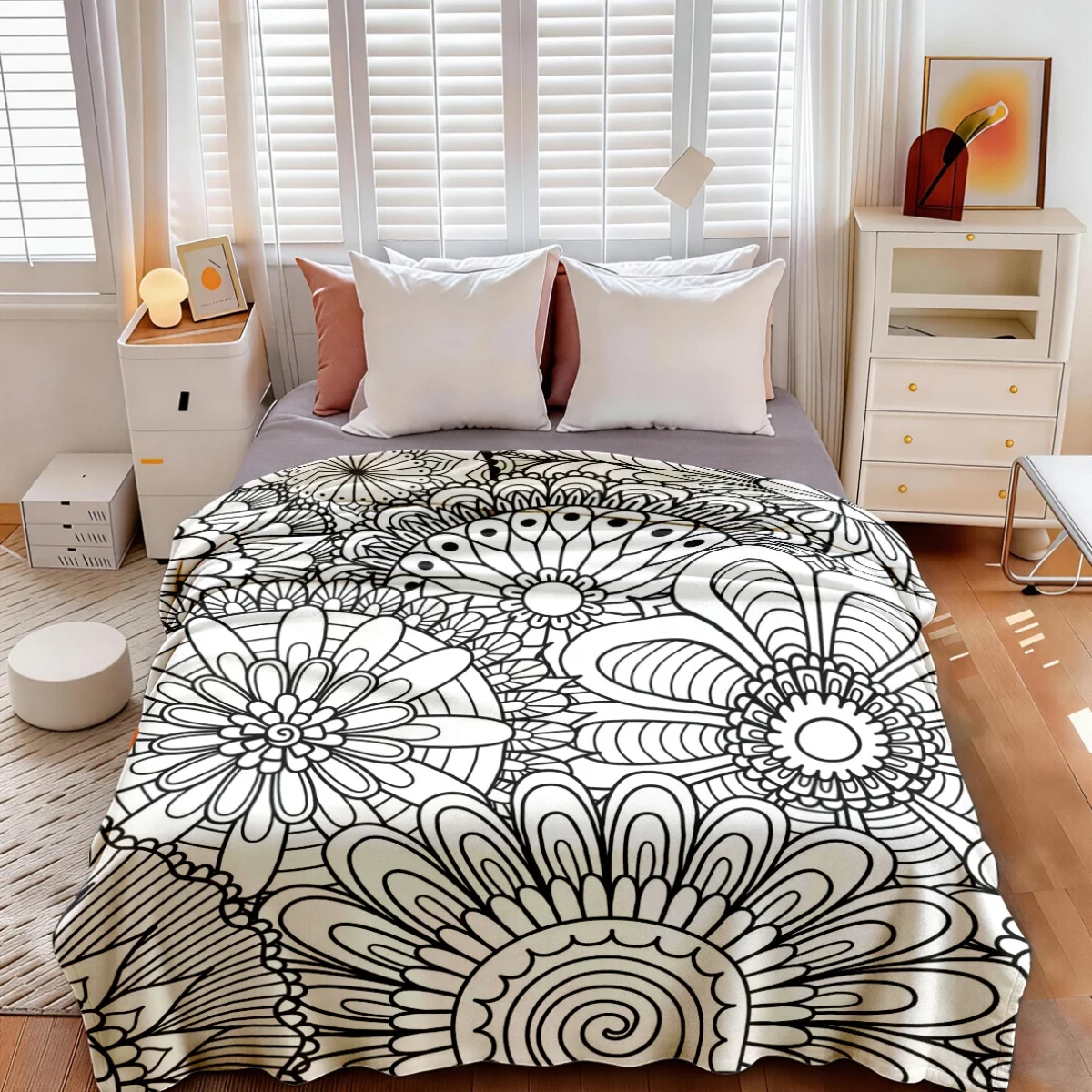 Large Mandala Floral Print Boho Throw Blanket Line Art Tapestry Decorative Cozy Indoor Outer Decor for Sofa Bed