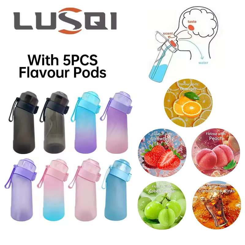 

LUSQI 1PC 500ml Water Bottle With 5 Flavor Pods Transparent With Straw Suitable For Family Outdoor Fitness