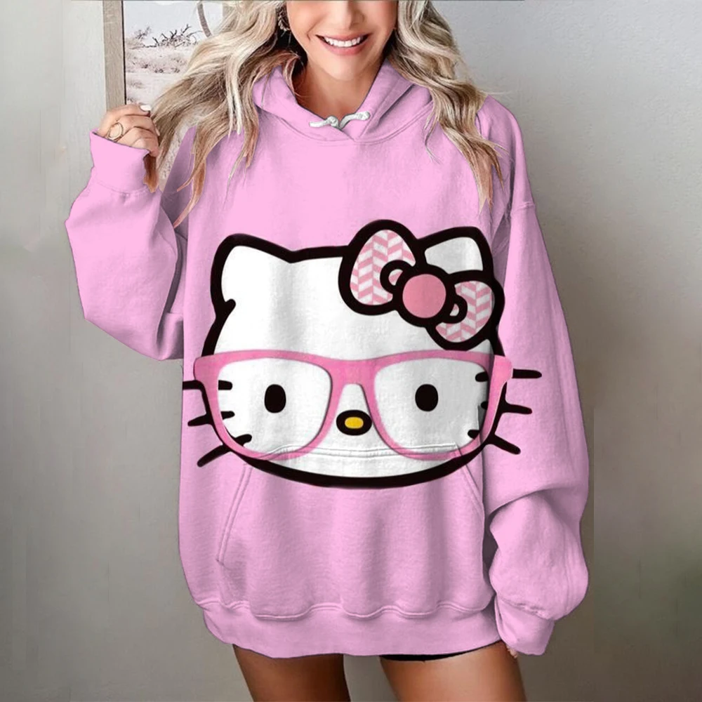 Beautiful Hello Kitty print Sweatshirt Women High Quality Hooded Simple Casual Hoodies Autumn Loose Oversized Streetwear