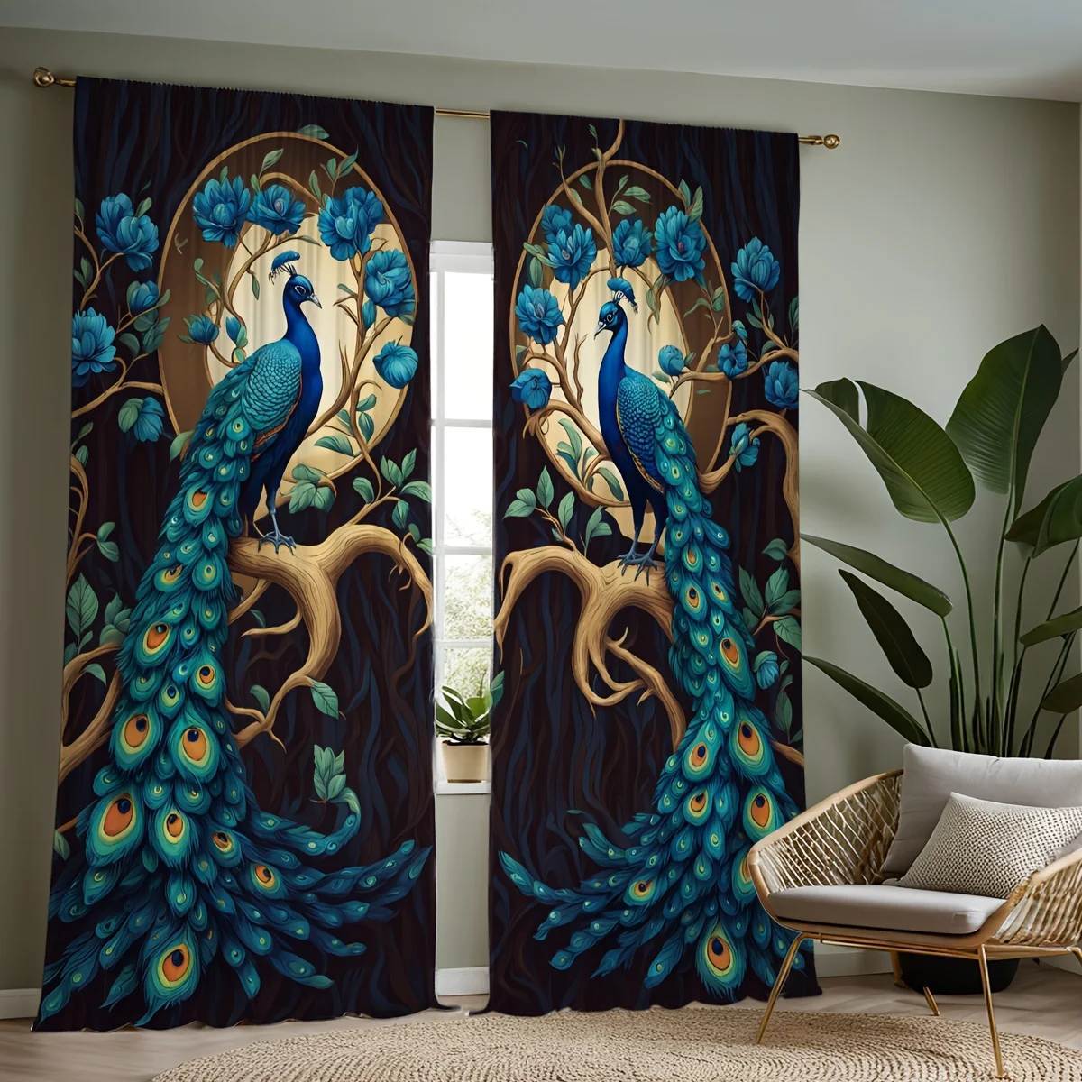 

2 шт. яркие клетчатые и диагональные полосатые шторы с принтом павлина — дизайн кармана стержнями, подходит для декора гостиной и спальни