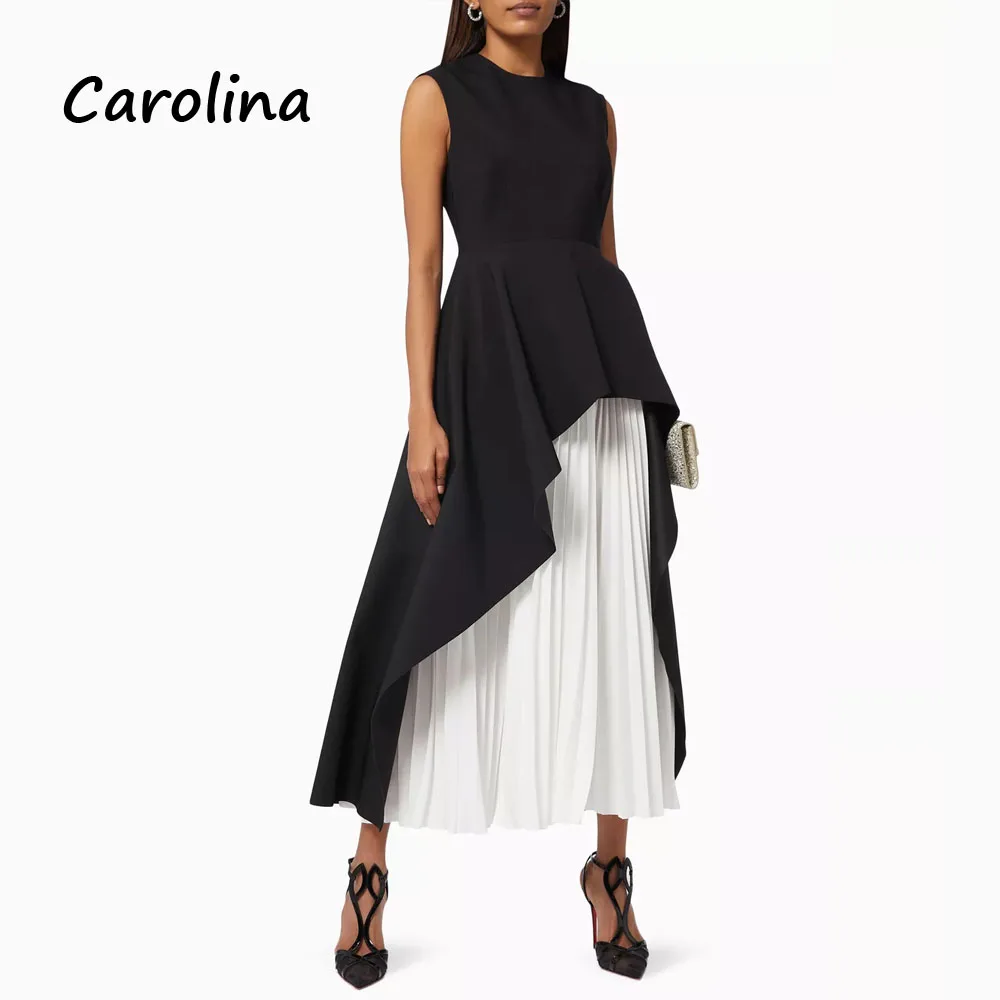 

Carolina Black O-Neck Pleat A-LINE Evening Dress Saudi Arabia 2024 Slim Crepe Sleeveless Ankle-Length Prom Dress