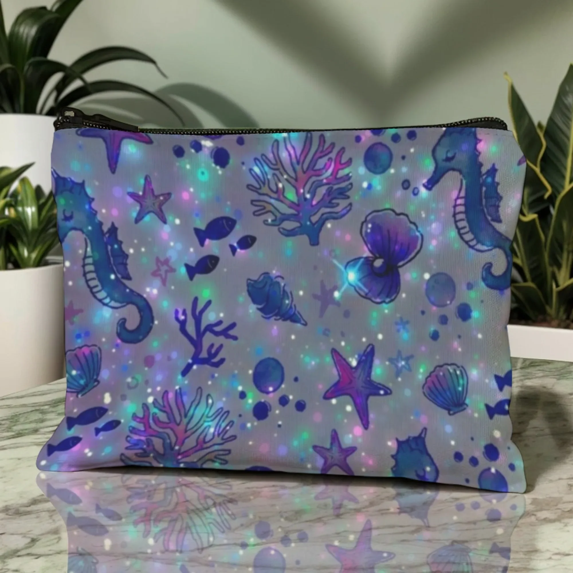 Women Glittery Ocean - Themed Makeup Bag,Seahorse & Starfish Cosmetic Pouch,Travel Toiletry Organizer with Mermaid Vibes