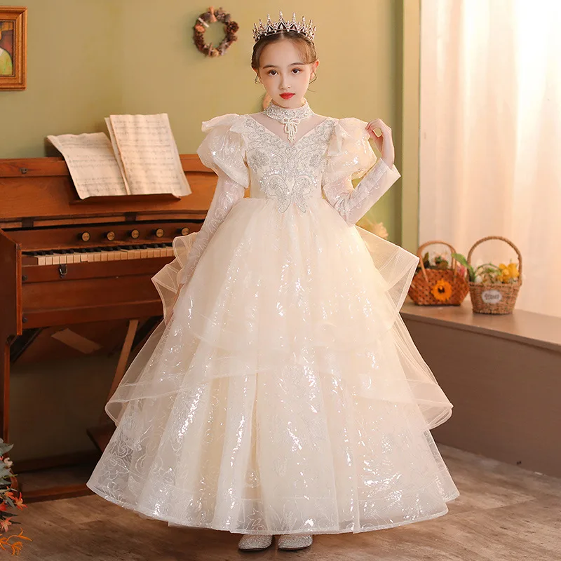 Pearl Sequins embroidery Kids Dresses For Party Wedding Children Pageant Gown 2024 Baby Tulle Princess Dress for Girls Clothing