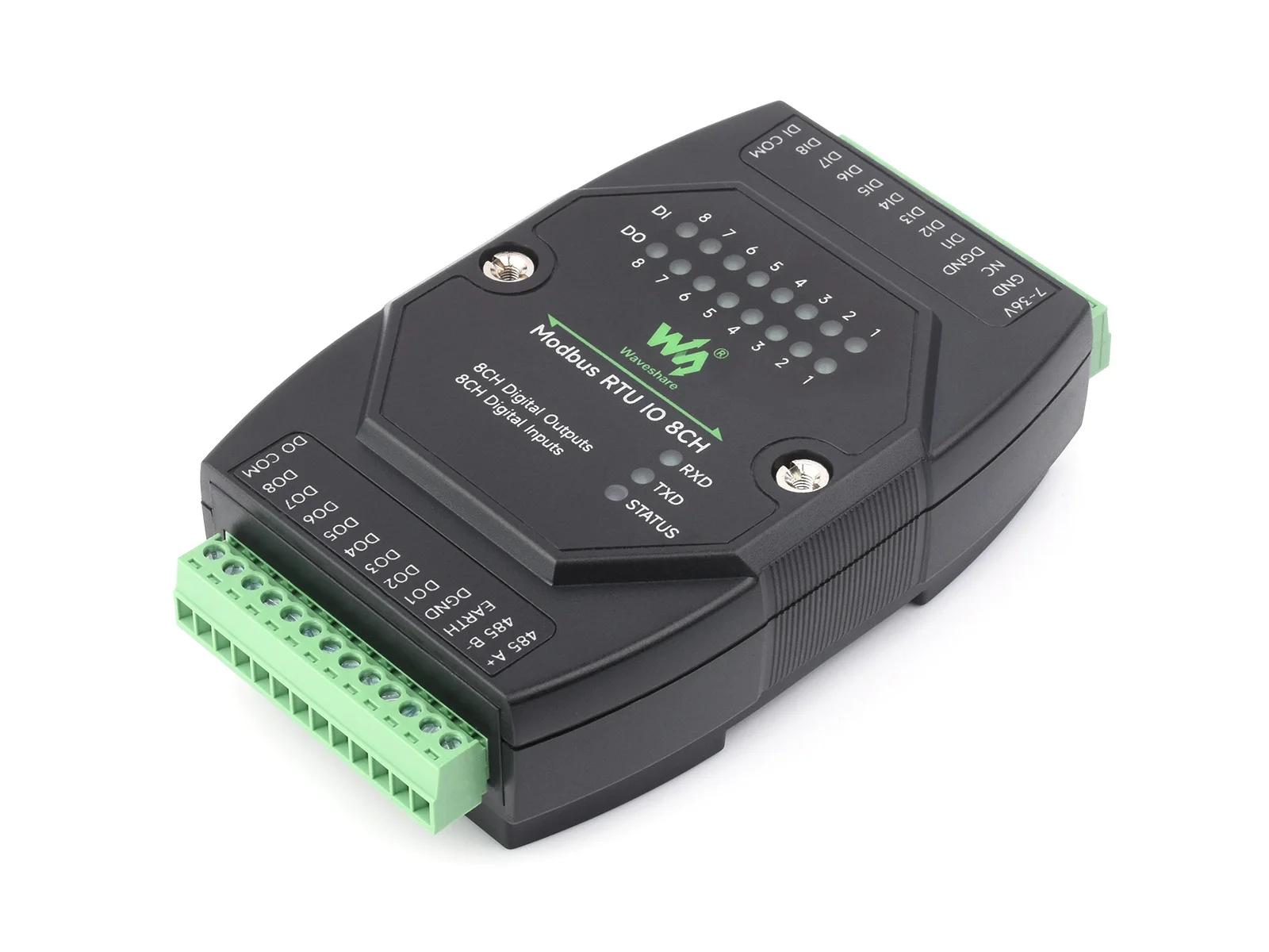 Waveshare Industrial 8-Ch Digital Input & Output Module, DC 7~36V Wide Voltage Power Supply, Modbus RTU Protocol, Rail-Mount