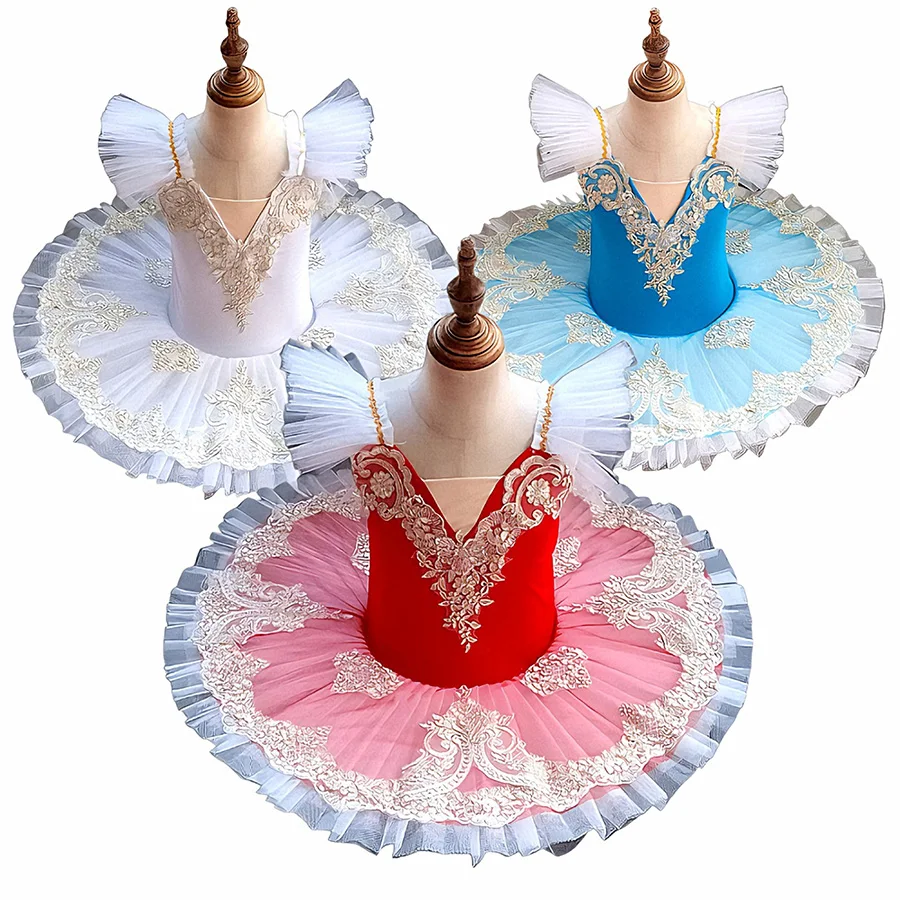 Kids Professional Ballet Tutu Dress Girls Lace Embroidered Ballerina Costume for Stage Performance Competition & Recital