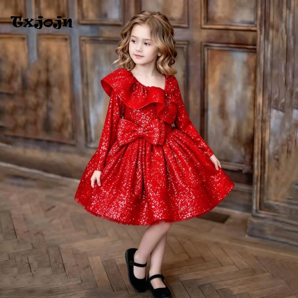 Girl's Dress 3-14 Years Old Girl's Bow Princess Dress Sparkly Sequin Ruffled Prom Dress Wedding Dress Flower Girl Birthday Dress