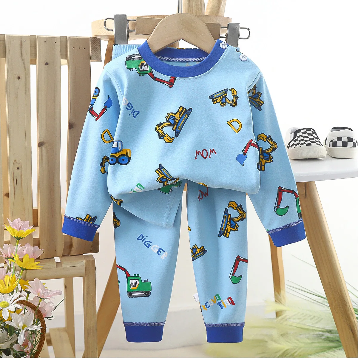 Conjuntos de pijamas de algodão infantil camiseta manga comprida, tops e calças, pijamas casuais, urso fofo dos desenhos animados, roupas de bebê, outono