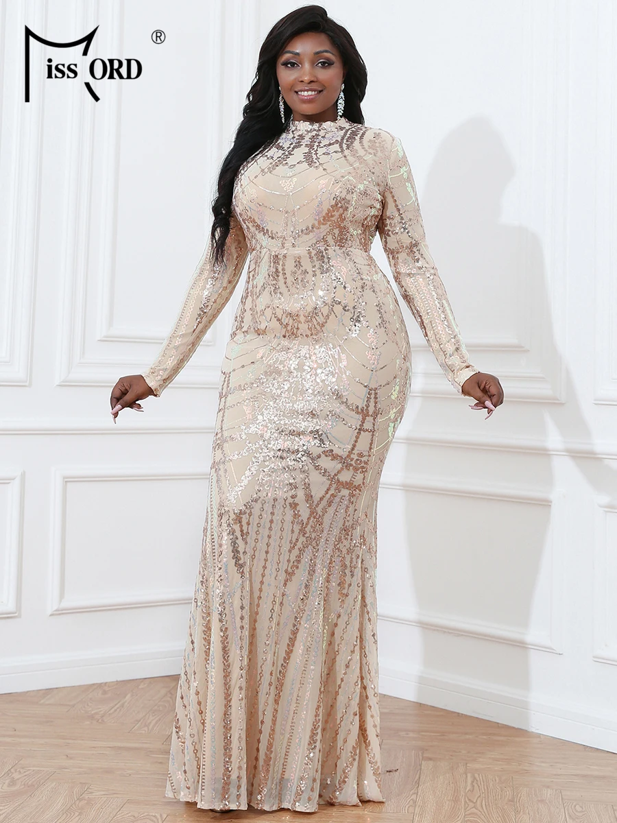 Missord Sequin Bodycon Plus Size Prom Dress Elegant Women Long Sleeve Backless Mermaid Wedding Party Evening Dresses Female Gown