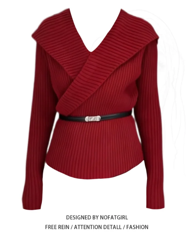 

plus Size Knitted Sweater Red Cross V-Ne Waist-Cinching Top for Women New Year's Commute Sle Asymmetrical Korean Fit