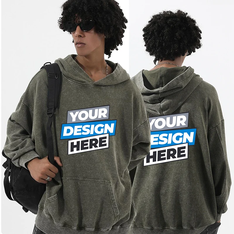 Customized LOGO Vintage Batik Washed 350gsm Cotton Hoodies For Men Unisex Heavyweight Loose Hip Hop Hooded Sweatshirts Pullovers