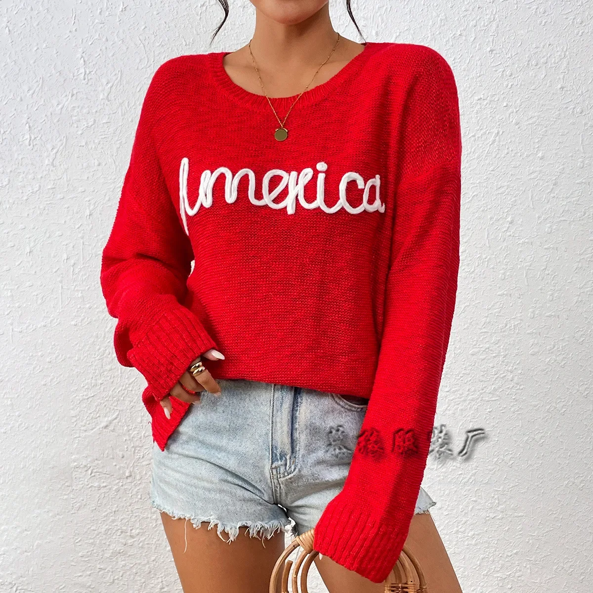 Women's sweater crew neck long sleeve America Independence Day letter fashion all-match sweater