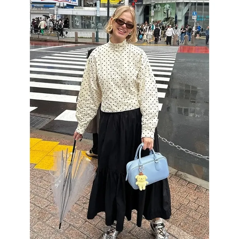 

Women Fashion Slim Fit High Neck Full Sve Short Coat Polka Dot Printing Casual Jackets Lady 2025 New Outerwear