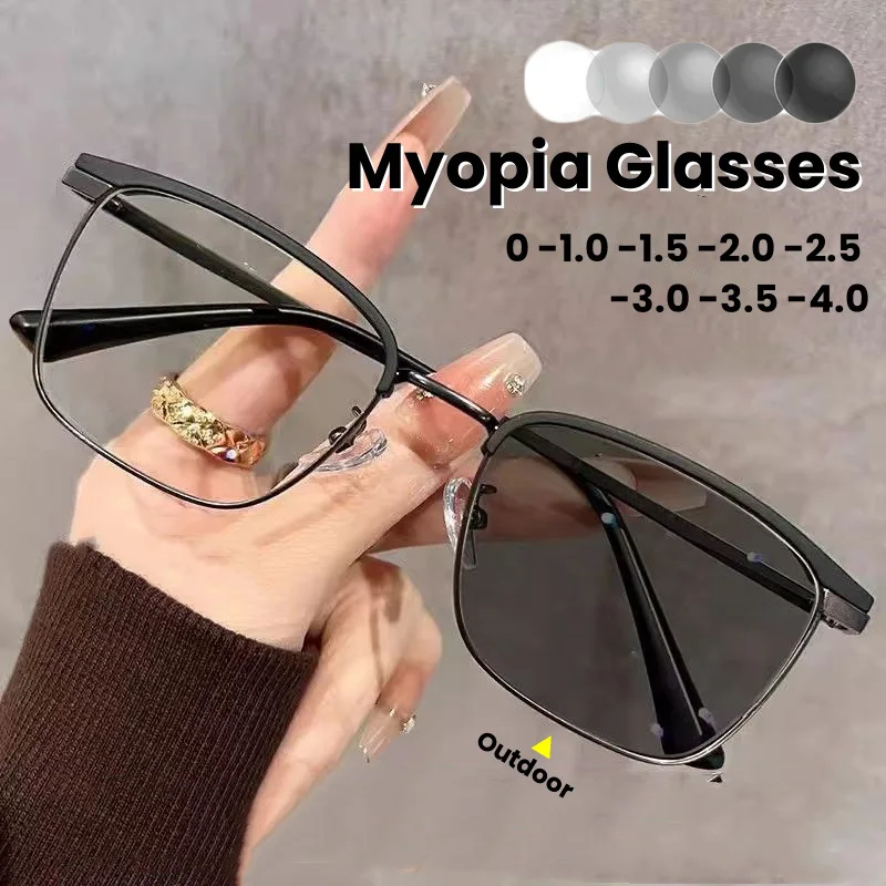

New Men's Square Large Frame Business Photochromic Myopia Glasses Anti-Blue Light Eyeglasses Indoor and Outdoor Dual-use