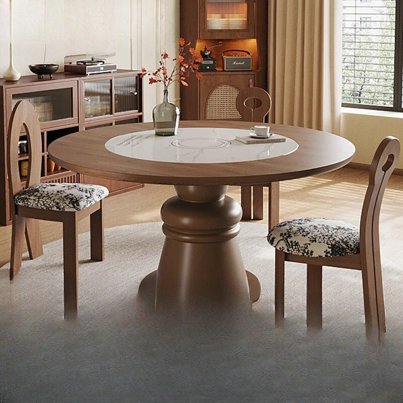 

Senior Reunion Island solid wood round dining table retro home size apartment embedded induction cooker electric turntable