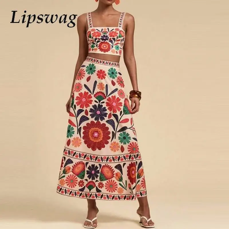 

Elegant Sleeveless Sling Tops & A-Line Skirt Outfit Women Sexy Off Shoulder Long Party Suit Fashion Flower Print Pleated 2Pc Set