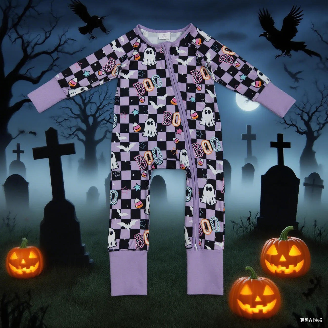 

9.4y Baby Boys Halloween Ghost Star Candy Romper Purple & Black Zipper Long Sleeve Onesie Wholesale Boutique Boo Style