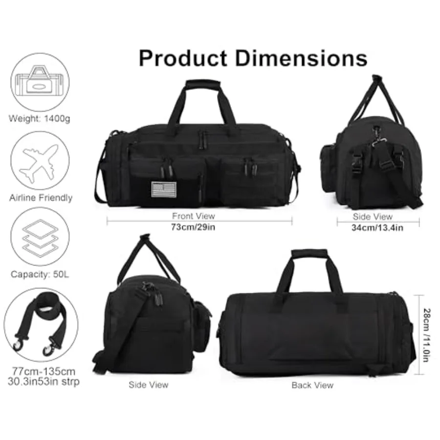 50L Tactical Duffle Bag for Men, 3-in-1 Gym Duffle and Backpack, Shoe Compartment, Laptop Sleeve and MOLLE, Carry-On Travel Wee