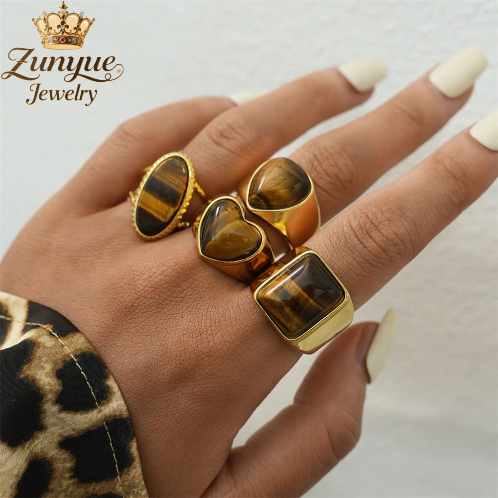 

Stainless Steel Geometric Natural Tiger's Eye Ring Luxury Quality Jewelry Fashion Jewelry Exquisite Elegant Charms Popular Gift