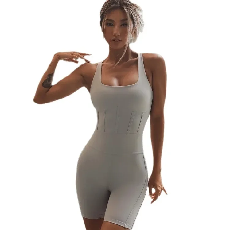New Sleeveless One-piece Fitness Suit Women's Back Cross Sports Yoga Suit Fishbone Belly Lift Hip Jumpsuit Women's