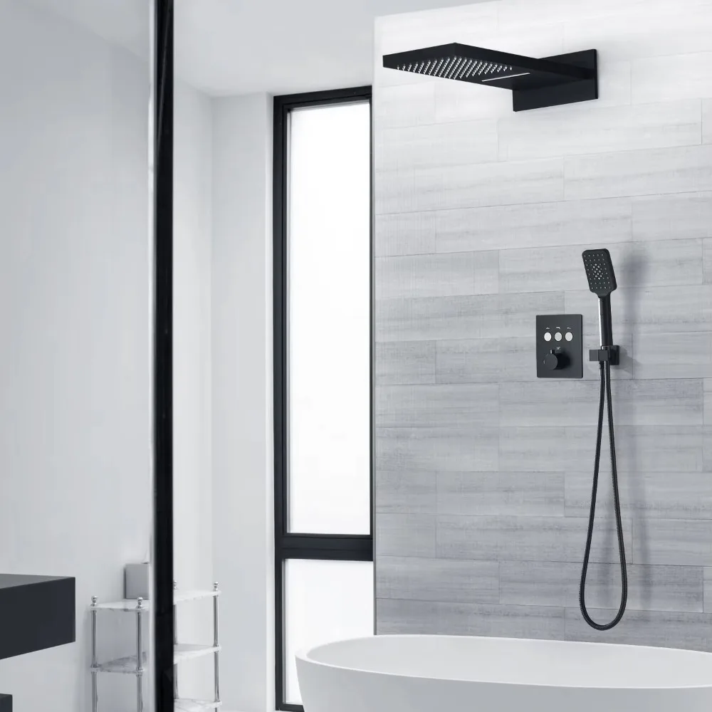 Torneira de Chuveiro Moderna de 22 Polegadas com 3 Funções, Sistema de Chuveiro Termostático Preto com Ducha Manual