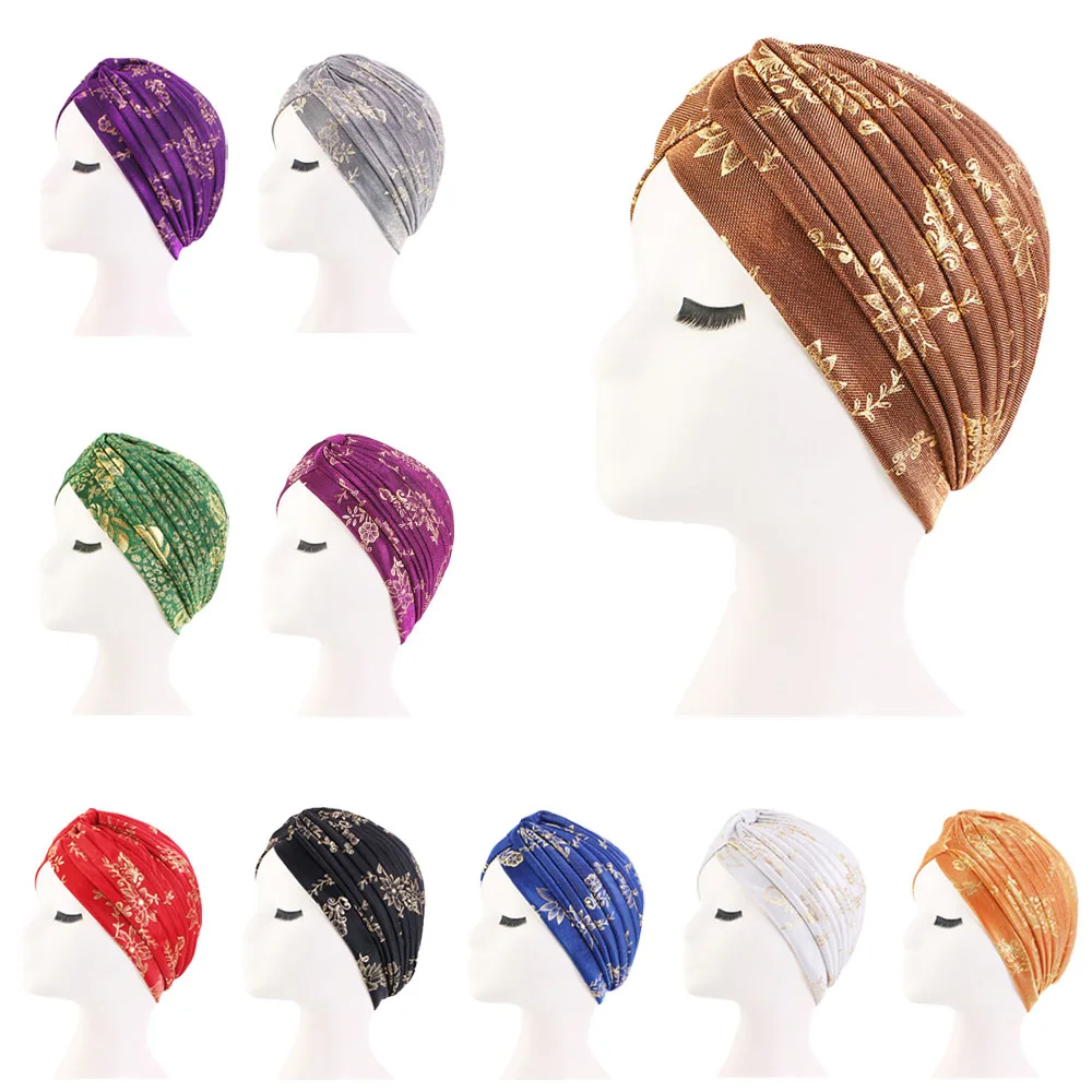 Women Shiny Glitter India Hat Turban Headbands Cap Print African Headwrap Headwear Casual Streetwear Female Muslim Indian Hats